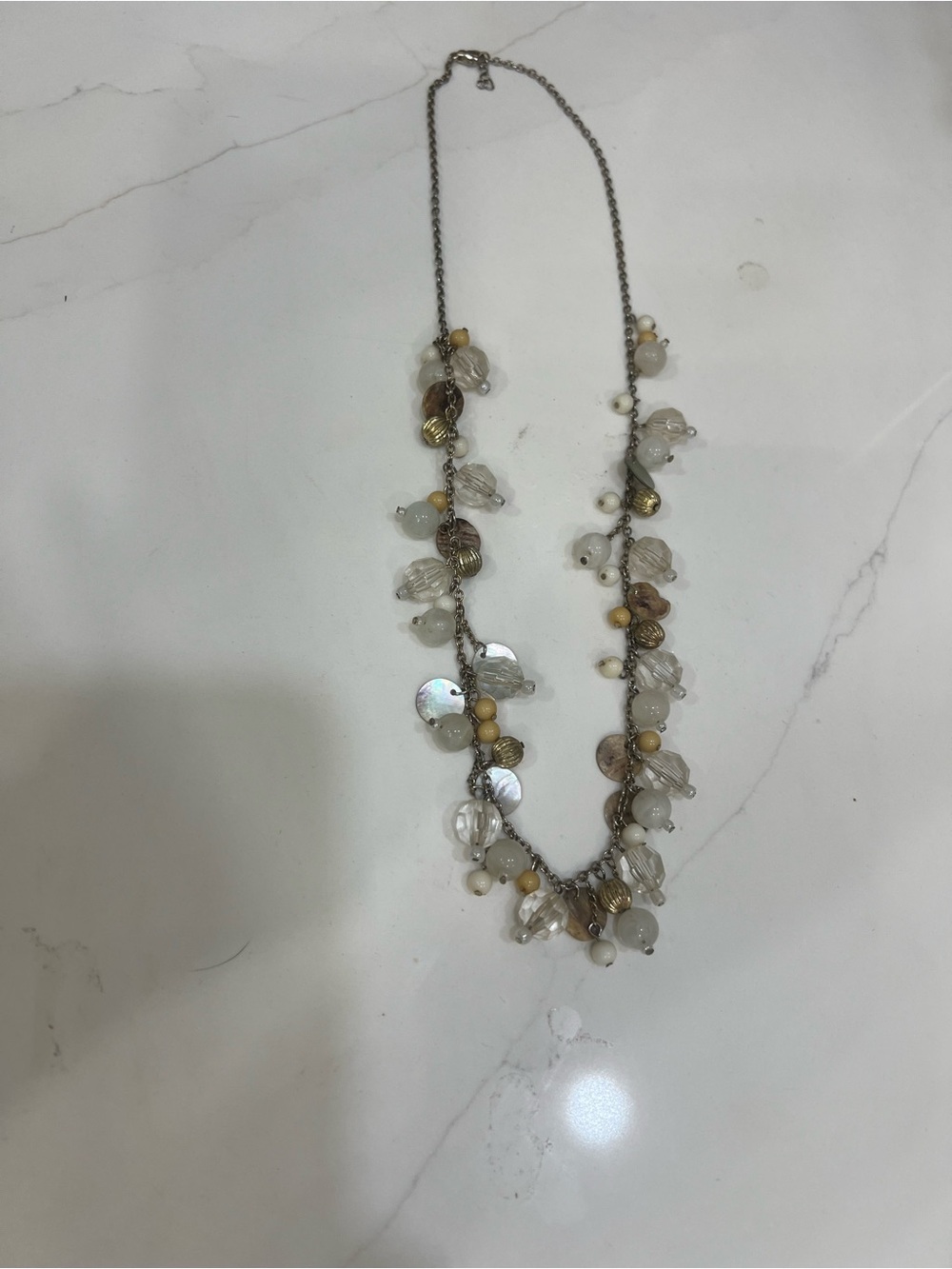 Beaded Shell & Crystal Statement Necklace - White/Cream